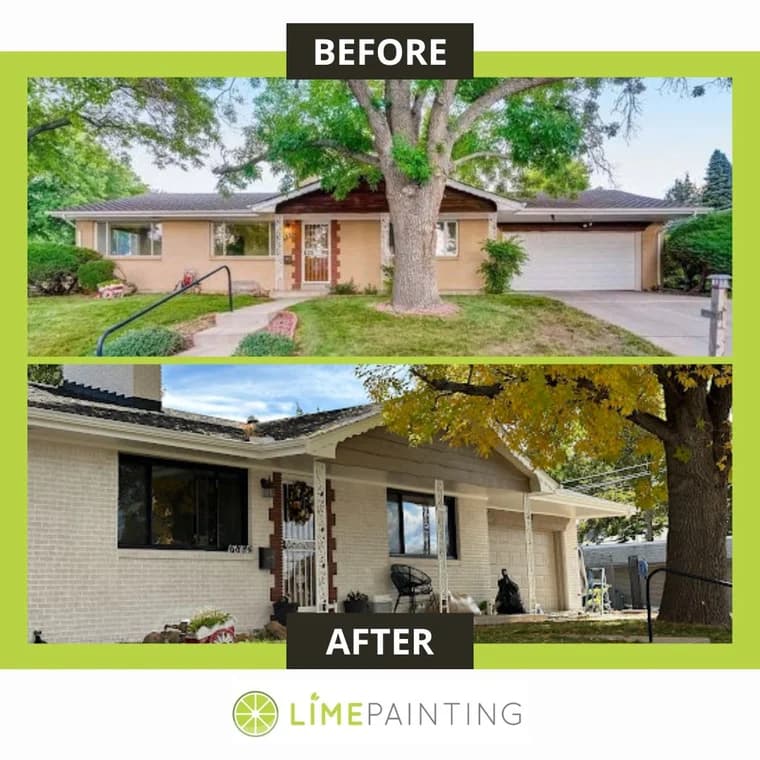 This is an image from LIME Painting of Chicago company, located inChicago, IL The image is a before and after exterior brick house painting by LIME Painting, showing transformation from light tan to modern white with black trim accents