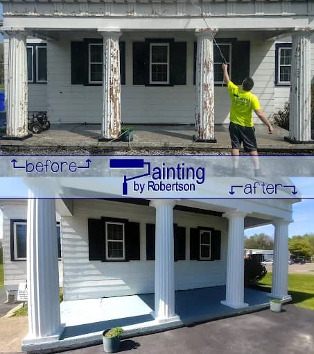 This is an image from Painting by Robertson, located in California. The image shows a before-and-after exterior porch painting project with white columns, black shutters, and a refreshed entryway finish.