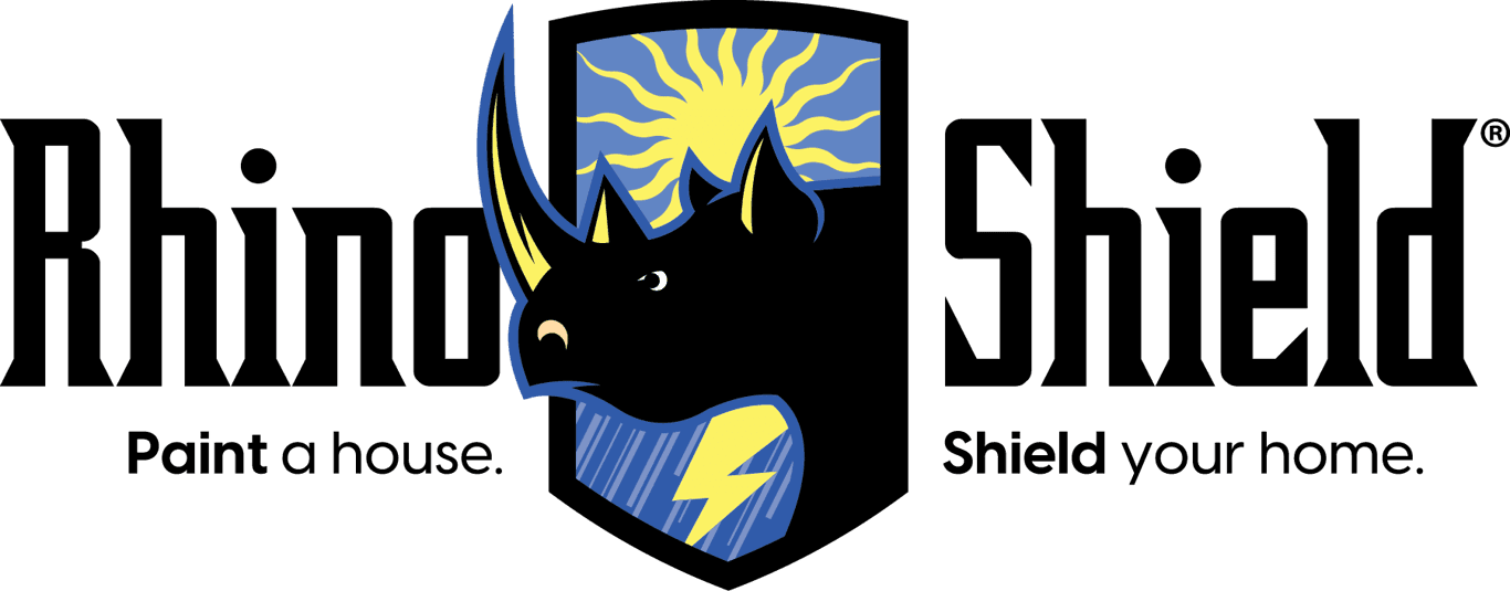 "This is an image from Rhino Shield of DFW, located in Texas. The logo for Rhino Shield of DFW features a stylized rhinoceros head with large horns, set against a shield shape with yellow sun rays and a blue lightning bolt."