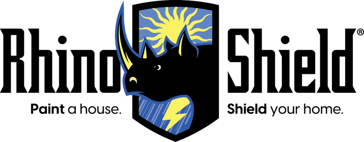 "This is an image from Rhino Shield of DFW, located in Texas. The logo for Rhino Shield of DFW features a stylized rhinoceros head with large horns, set against a shield shape with yellow sun rays and a blue lightning bolt."