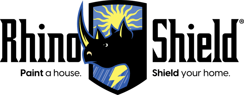 "This is an image from Rhino Shield of DFW, located in Texas. The logo for Rhino Shield of DFW features a stylized rhinoceros head with large horns, set against a shield shape with yellow sun rays and a blue lightning bolt."