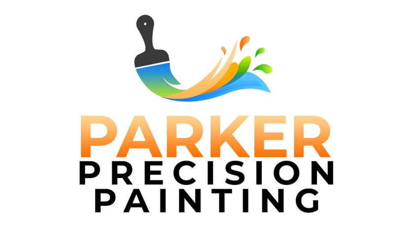This is an image from Parker Precision Painting Company, located in Parker, CO The image is a  logo of Parker Precision Painting Company featuring a colorful paintbrush stroke in green, blue, and orange above bold gradient text 'Parker Precision Painting'.