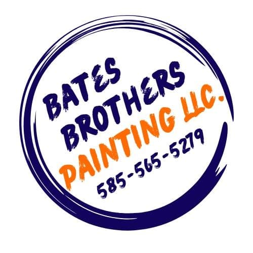 cThis is an image from Bates Brothers Painting LLC, located in New York. The logo for Bates Brothers Painting LLC features bold blue and orange brush-style text inside a circular navy blue paint swirl with the company phone number.