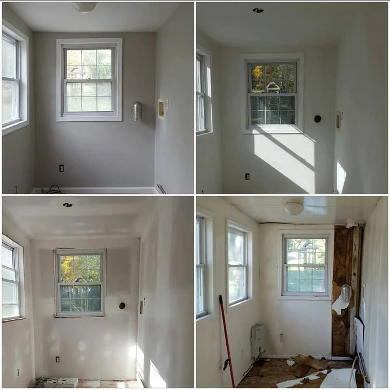 This is an image from Aluisy & Company, Inc. company, located in Stewartstown, PA,. The image is a before and after of interior room painting and renovation, showcasing wall and window trim updates.