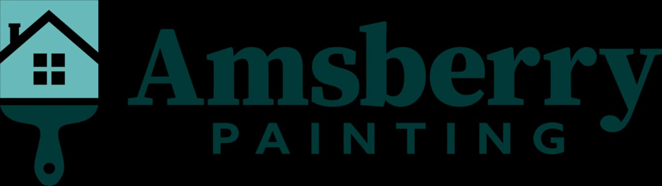 This is an image from Amsberry Painting, located in Washington. The logo for Amsberry Painting features a teal house icon sitting atop a dark green paintbrush alongside bold dark green serif text.