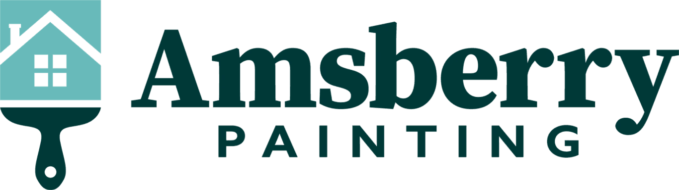 This is an image from Amsberry Painting, located in Washington. The logo for Amsberry Painting features a teal house icon sitting atop a dark green paintbrush alongside bold dark green serif text.