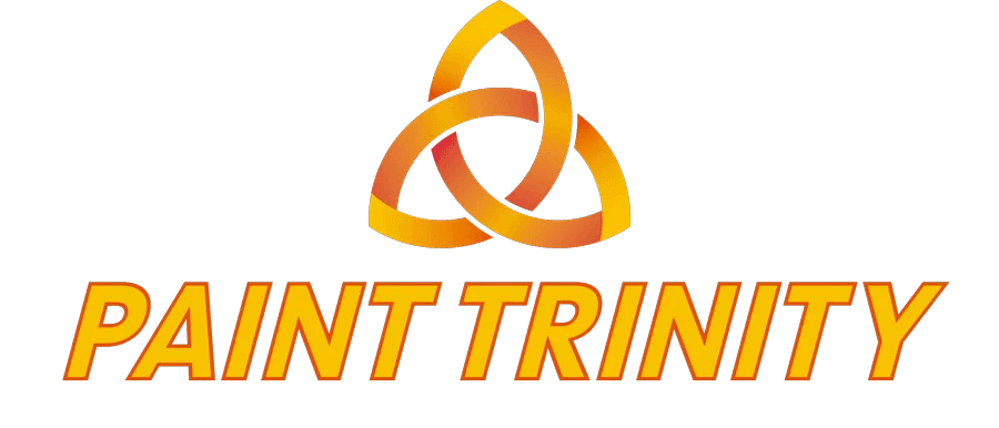 Logo for Paint Trinity LLC, featuring an interlocking trinity knot design in orange and yellow above the company name in bold gradient orange lettering.