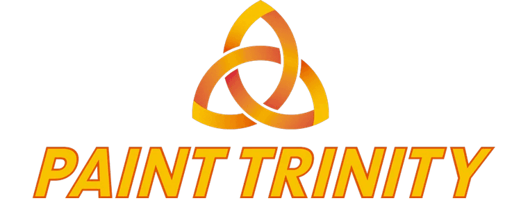 Logo for Paint Trinity LLC, featuring an interlocking trinity knot design in orange and yellow above the company name in bold gradient orange lettering.