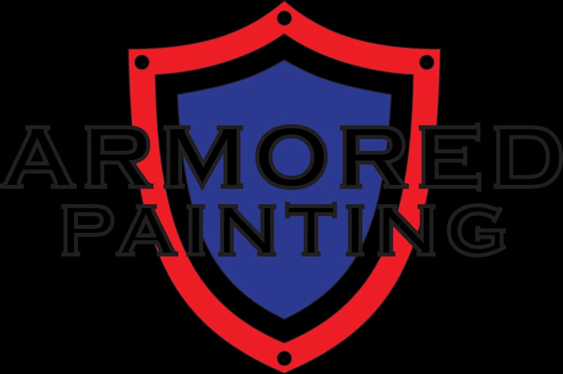 "This is an image from Armored Painting, located in Texas. The logo for Armored Painting features a bold red shield outline with a solid blue inner shield and black block lettering across the center."
