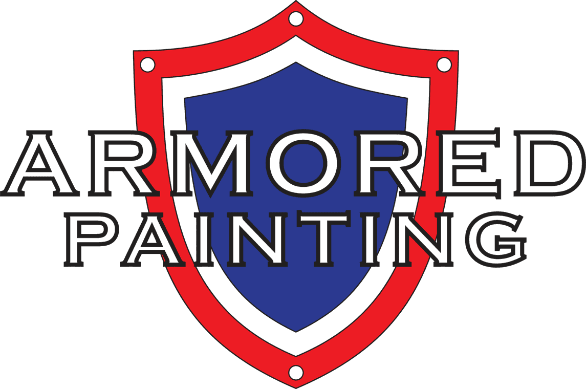 "This is an image from Armored Painting, located in Texas. The logo for Armored Painting features a bold red shield outline with a solid blue inner shield and black block lettering across the center."