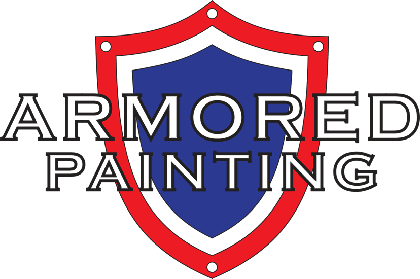 "This is an image from Armored Painting, located in Texas. The logo for Armored Painting features a bold red shield outline with a solid blue inner shield and black block lettering across the center."