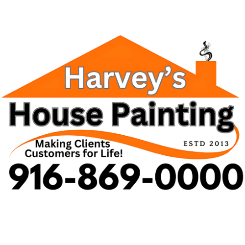 This is an image from Harvey’s House Painting, located in California. The image shows the company’s logo featuring an orange house graphic, bold business name lettering, established year, and contact phone number, representing professional residential painting services and a trusted house painting company.