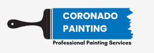 This is an image from Coronado Painting, located in Arizona. The logo for Coronado Painting features a black paintbrush graphic next to a blue paint-stroke design with white company name text and the words professional painting services below.