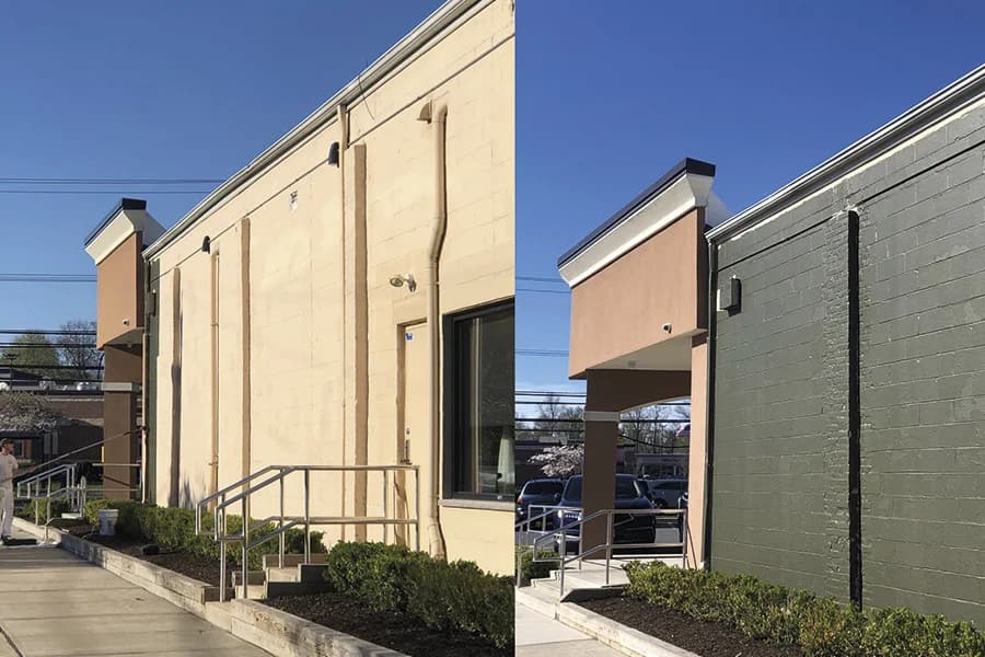 This is an image from Richard K. Moore Professional Painting in New Jersey. It displays a commercial building repainted from beige to a modern green and tan combination.