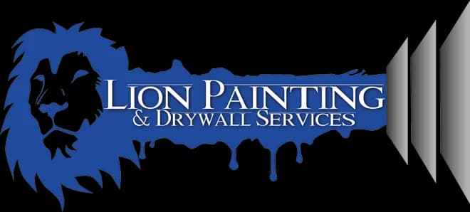 This is an image from Lion Painting & Drywall Services, located in North Carolina. The logo for Lion Painting & Drywall Services features a bold blue lion head with a paint-splatter design and dripping paint effect behind the company name in white text.