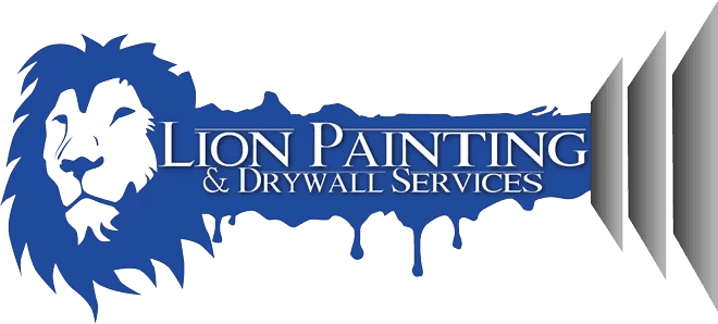 This is an image from Lion Painting & Drywall Services, located in North Carolina. The logo for Lion Painting & Drywall Services features a bold blue lion head with a paint-splatter design and dripping paint effect behind the company name in white text.