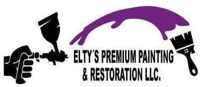 Elty's Premium Painting & Restoration LLC logo for a painting company in Mount Airy, North Carolina. The design features paintbrush graphics and a purple paint stroke.