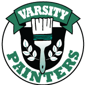 This is an image from Varsity Painters, located in Minnesota. The logo for Varsity Painters features a green and white circular design with a paintbrush emblem and bold varsity-style lettering.