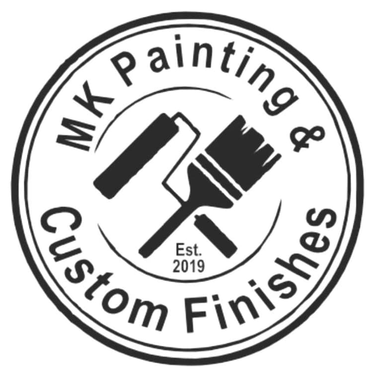 This is an image from MK Painting & Custom Finishes Co company, located in Schwenksville, PA. The image is a MK Painting & Custom Finishes logo with paintbrush and roller in circular badge design