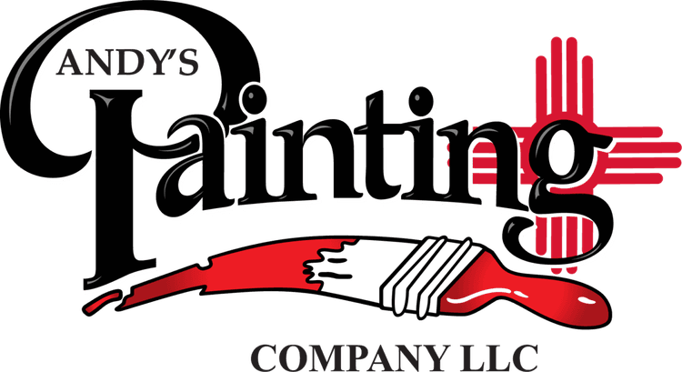 This is an image from Andy’s Painting Company, located in New Mexico. The logo for Andy’s Painting Company features bold black lettering with a red paintbrush stroke and the red Zia sun symbol, representing its New Mexico roots.