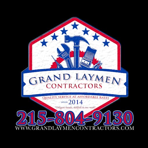 This is an image from Grand Laymen Contractors, located in Pennsylvania. The logo for Grand Laymen Contractors features a red, white, and blue shield design with crossed contractor tools including a hammer, wrench, and paintbrush, accented with stars and the tagline 'Quality Service at Affordable Rates.