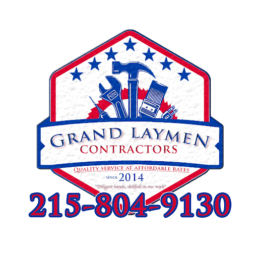 This is an image from Grand Laymen Contractors, located in Pennsylvania. The logo for Grand Laymen Contractors features a red, white, and blue shield design with crossed contractor tools including a hammer, wrench, and paintbrush, accented with stars and the tagline 'Quality Service at Affordable Rates.