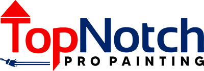 This is an image from Top Notch Pro Painting Inc., located in Massachusetts. The logo for Top Notch Pro Painting Inc. features a red upward arrow forming the 'T' in 'Top' alongside bold blue lettering that spells out the company name.