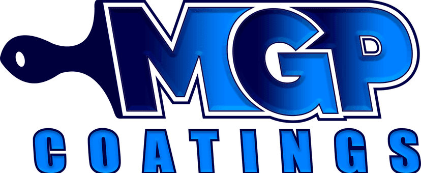 This is an image from MGP Coatings, located in California. The logo for MGP Coatings features bold blue lettering integrated with a paintbrush graphic, representing the professional painting and coatings company.