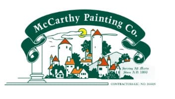 This is an image from McCarthy Painting Co., located in California. The logo for McCarthy Painting Co. features a green banner-style design with illustrated buildings and classic typography representing a long-established professional painting company.