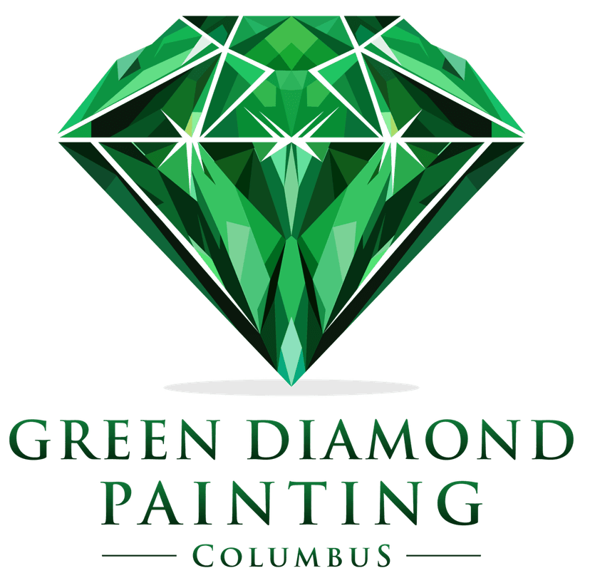 This is an image from Green Diamond Painting, located in Ohio. The logo for Green Diamond Painting features a geometric green diamond graphic with bold lettering and the word “Columbus,” representing professional residential painting services.