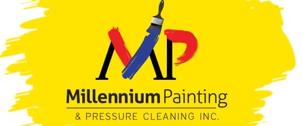 This is an image from Millennium Painting & Pressure Cleaning Inc., located in Florida. The logo for Millennium Painting & Pressure Cleaning Inc. features bold black text over a bright yellow paint stroke with red and blue brushstroke accents forming the initials MP.