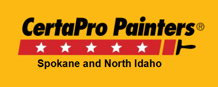 This is an image from CertaPro Painters of Spokane and North Idaho, located in Washington. The logo for CertaPro Painters of Spokane and North Idaho features black text on a yellow background with a red paintbrush graphic and white stars.