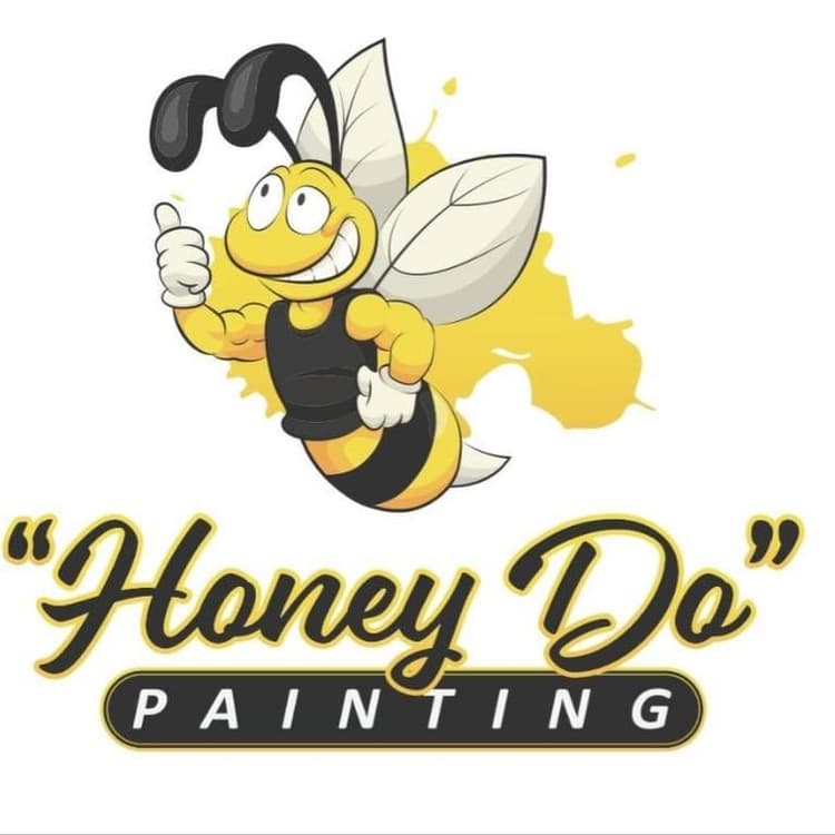 This is an image from Honey Do Painting LLC company, located in Bonners Ferry, ID The image is a Honey Do Painting logo featuring a smiling cartoon bee with muscular arms giving a thumbs up, yellow paint splash background, and bold black and yellow script text