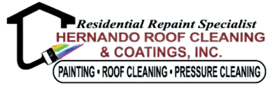 This is an image from Hernando Roof Cleaning & Coatings, Inc., located in Florida. The logo for Hernando Roof Cleaning & Coatings, Inc. features a house outline with a paint roller and rainbow color accents alongside bold text describing their services.