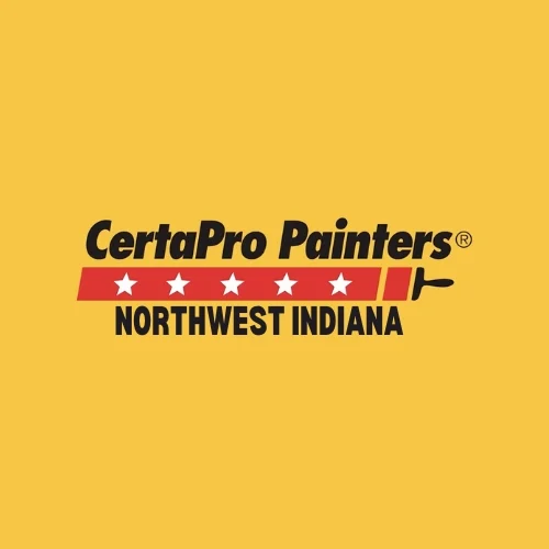 This is an image from CertaPro Painters of Northwest Indiana, located in Indiana. The logo for CertaPro Painters of Northwest Indiana features bold black and red text, a row of white stars, and a paint roller graphic on a yellow background representing the painting company.
