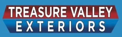 This is an image from Treasure Valley Exteriors, located in Idaho. The logo for Treasure Valley Exteriors features bold white lettering over a red and blue geometric background.