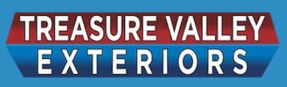This is an image from Treasure Valley Exteriors, located in Idaho. The logo for Treasure Valley Exteriors features bold white lettering over a red and blue geometric background.