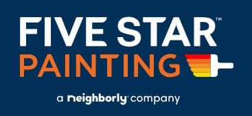 This is an image from Five Star Painting of The Villages, located in Florida. The logo for Five Star Painting of The Villages features bold white and orange text with a multicolor paint roller graphic on a dark blue background.