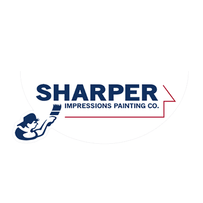 This is an image from Sharper Impressions Painting Co., located in Ohio. The logo for Sharper Impressions Painting Co. features bold navy blue text alongside an illustrated painter holding a paintbrush, accented with a red swoosh representing fresh paint.