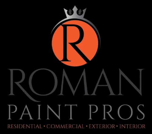 This is an image from Roman Paint Pros, located in Pennsylvania. The logo for Roman Paint Pros features a bold orange circular emblem with a stylized letter R and black text with a crown graphic above.