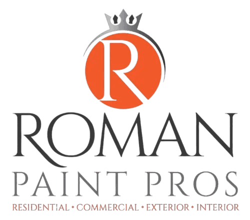 This is an image from Roman Paint Pros, located in Pennsylvania. The logo for Roman Paint Pros features a bold orange circular emblem with a stylized letter R and black text with a crown graphic above.