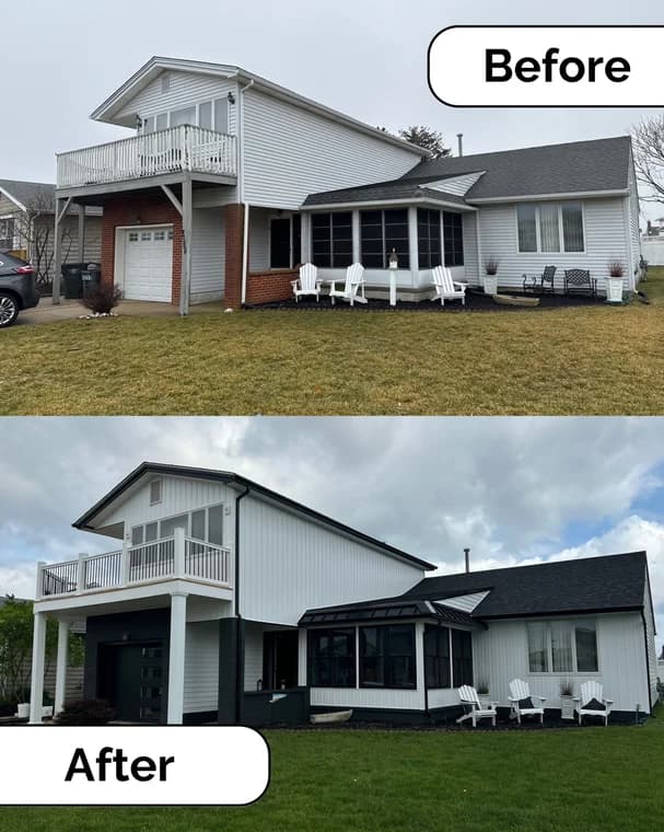 This image shows a house exterior transformation. The top photo displays the home with light-colored siding, while the bottom photo shows the house updated with crisp white siding, black trim, and black accents on the garage and porch.