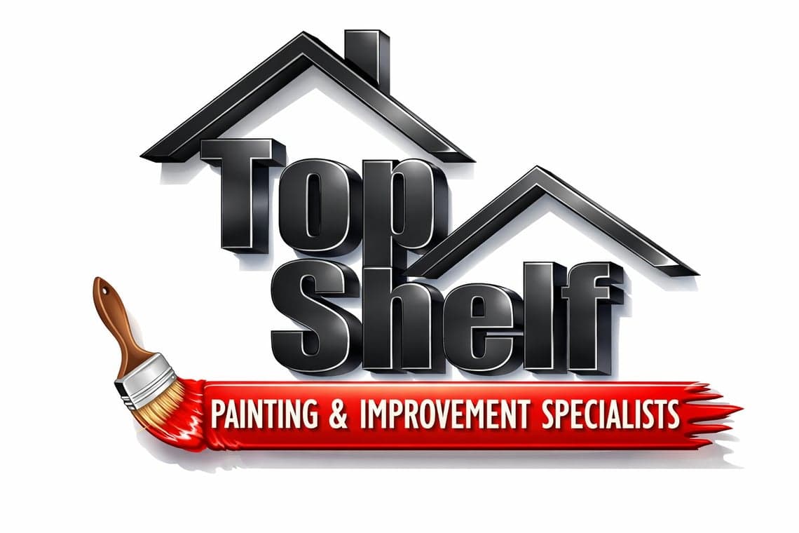 This is an image from Top Shelf Painting & Improvement Specialists, located in Michigan. The logo for Top Shelf Painting & Improvement Specialists features bold black dimensional lettering with a house roof graphic above and a red paintbrush stroke banner underneath.