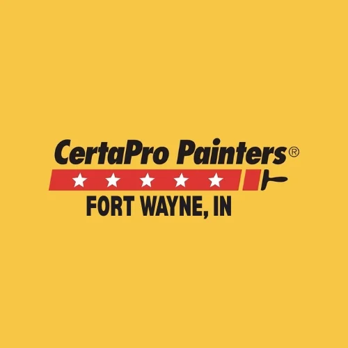 This is an image from CertaPro Painters of Fort Wayne, located in Indiana. The logo for CertaPro Painters of Fort Wayne features bold black and red text, a row of white stars, and a paint roller graphic on a yellow background representing the painting company.