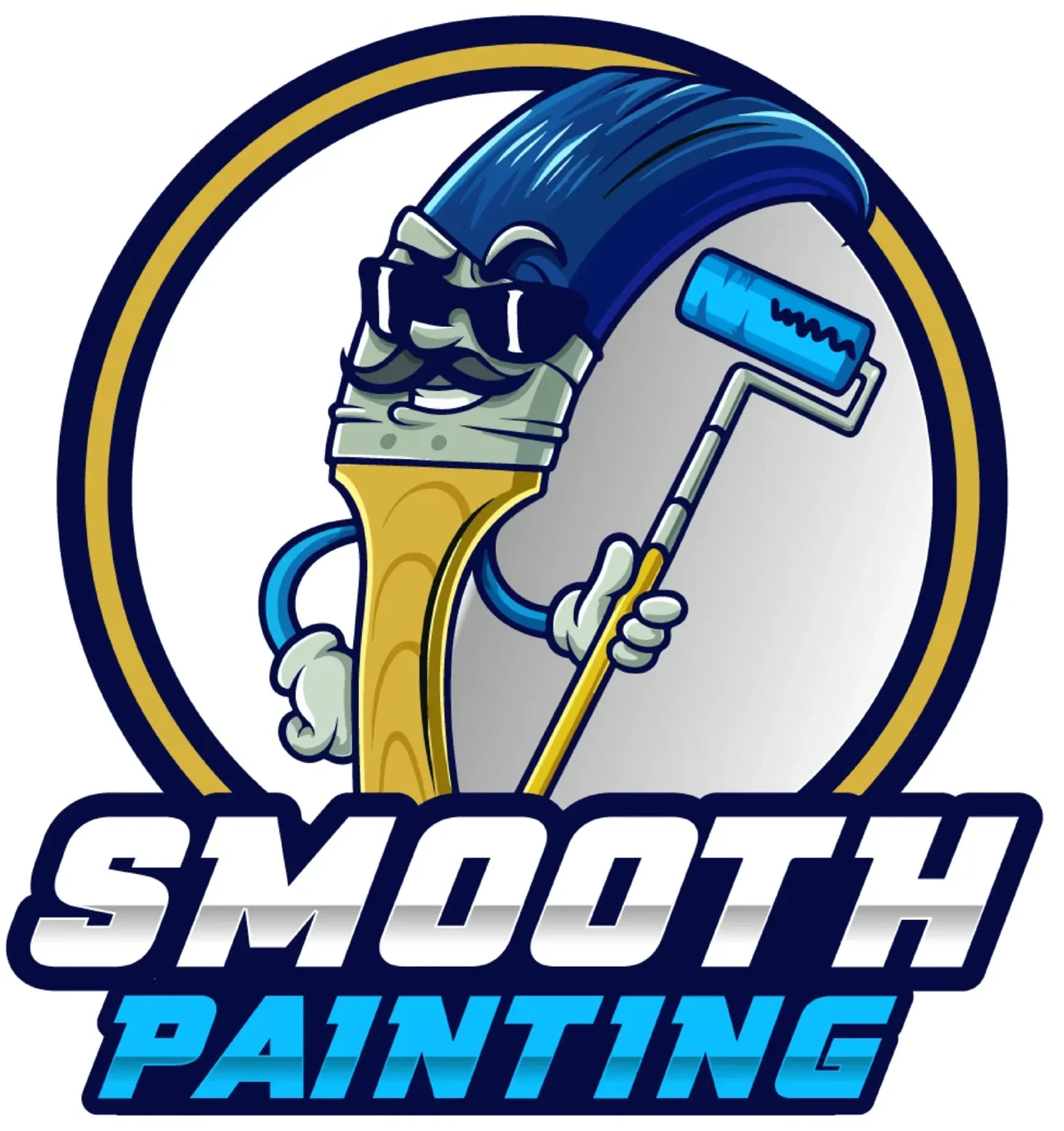 This is an image from Smooth Painting, located in Minnesota. The logo for Smooth Painting features a cartoon paintbrush character wearing sunglasses and holding a paint roller above bold blue lettering.