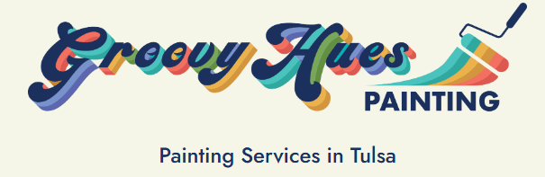 Logo for Groovy Hues Painting in Tulsa, Oklahoma. The design features colorful retro-style lettering with a rainbow paint roller graphic.