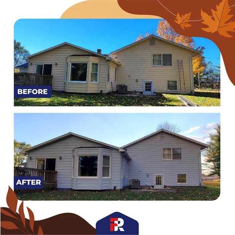 This is an image from FR Contractors & Investors Inc, located in Virginia. The before-and-after exterior comparison shows a repainted home with refreshed siding in a light neutral tone and a more polished appearance.