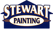 This is an image from Stewart Painting, located in Massachusetts. The logo for Stewart Painting features bold gold and white lettering on a dark blue house-shaped background with the word 'Painting' inside an oval banner.