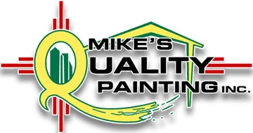 This is an image from Mike’s Quality Painting, located in New Mexico. The logo for Mike’s Quality Painting features a bold yellow 'Q' with green city buildings inside, red and green accents representing the New Mexico flag, and black text reading 'Mike’s Quality Painting Inc.' beneath a green roof outline.