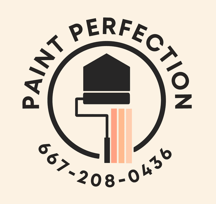 This is an image from Paint Perfection, located in Maryland. The logo for Paint Perfection features a paint roller forming the outline of a house with soft peach brush strokes and the company name arranged in a circular layout.